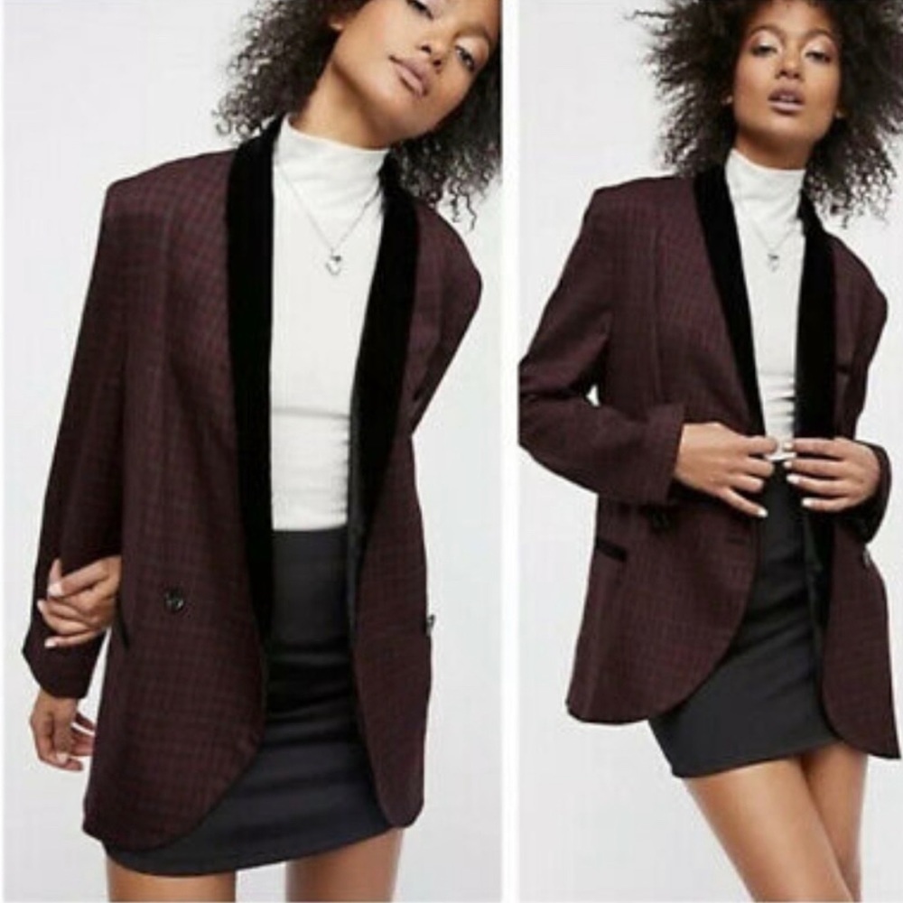 Free‎ People Burgundy Plaid Blazer with Black Trim